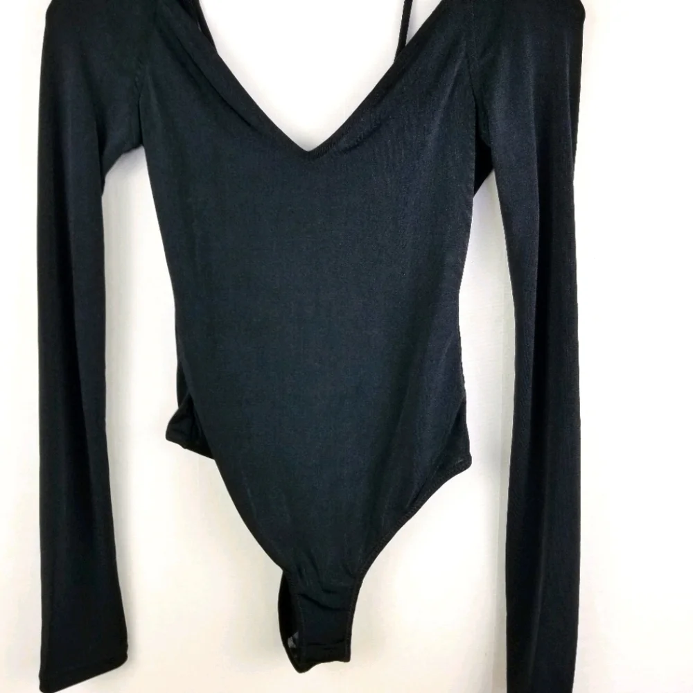 Free People Bodysuit Don't Be Cross Black V-neck Long Sleeve Size XS New